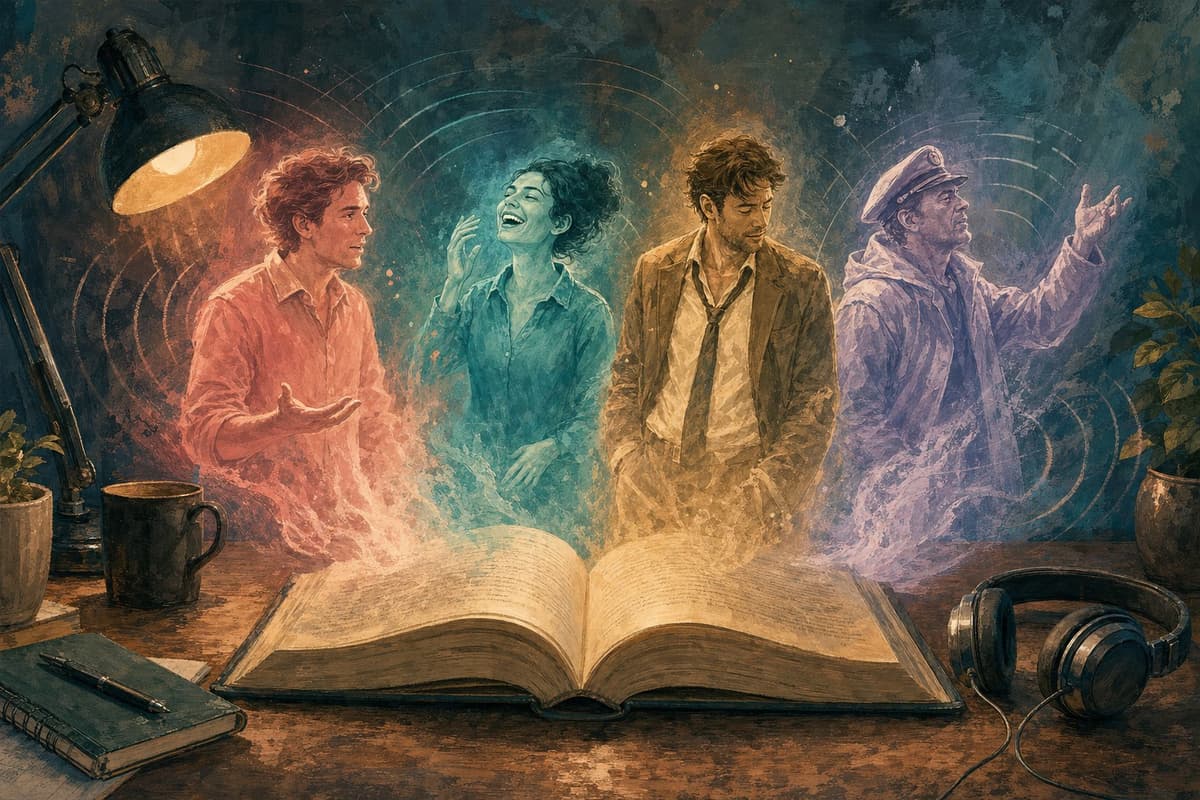 Illustration of four characters made of colored light rising from an open book beside a pair of headphones, each in their own color like separate voices