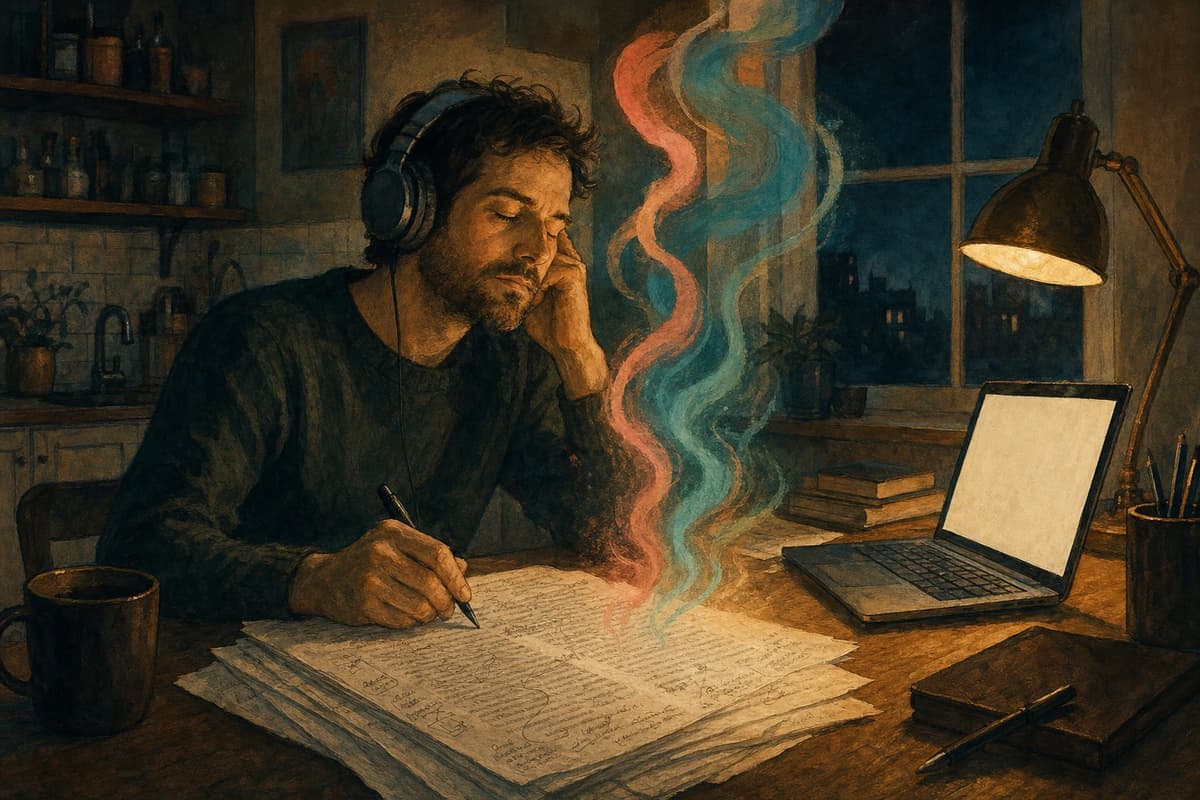 Illustration of a writer at a kitchen table late at night with headphones on and eyes closed, pen resting on a marked-up manuscript as colored ribbons of light rise from the pages like voices