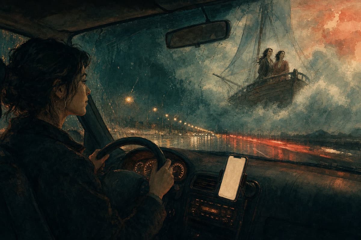 Illustration of a woman driving at night with a phone in a dashboard mount, while a small sailing ship with two women at its rail drifts through fog in the rain-streaked windshield like a story she is hearing