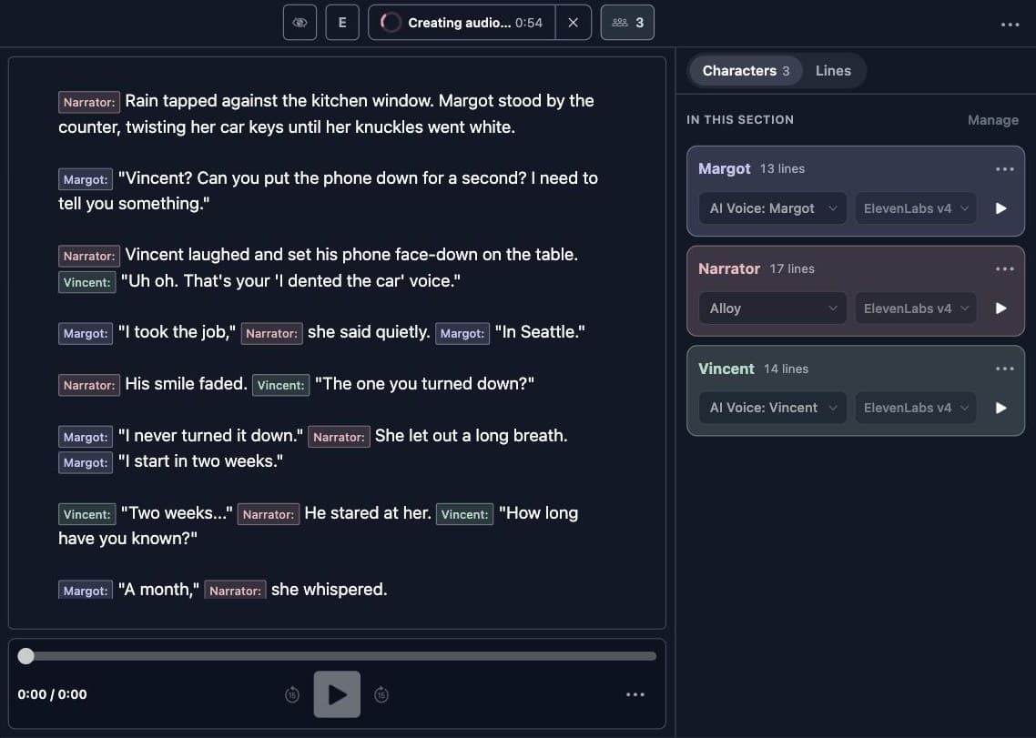 LyricWinter Studio making audio for a story with ElevenLabs v4