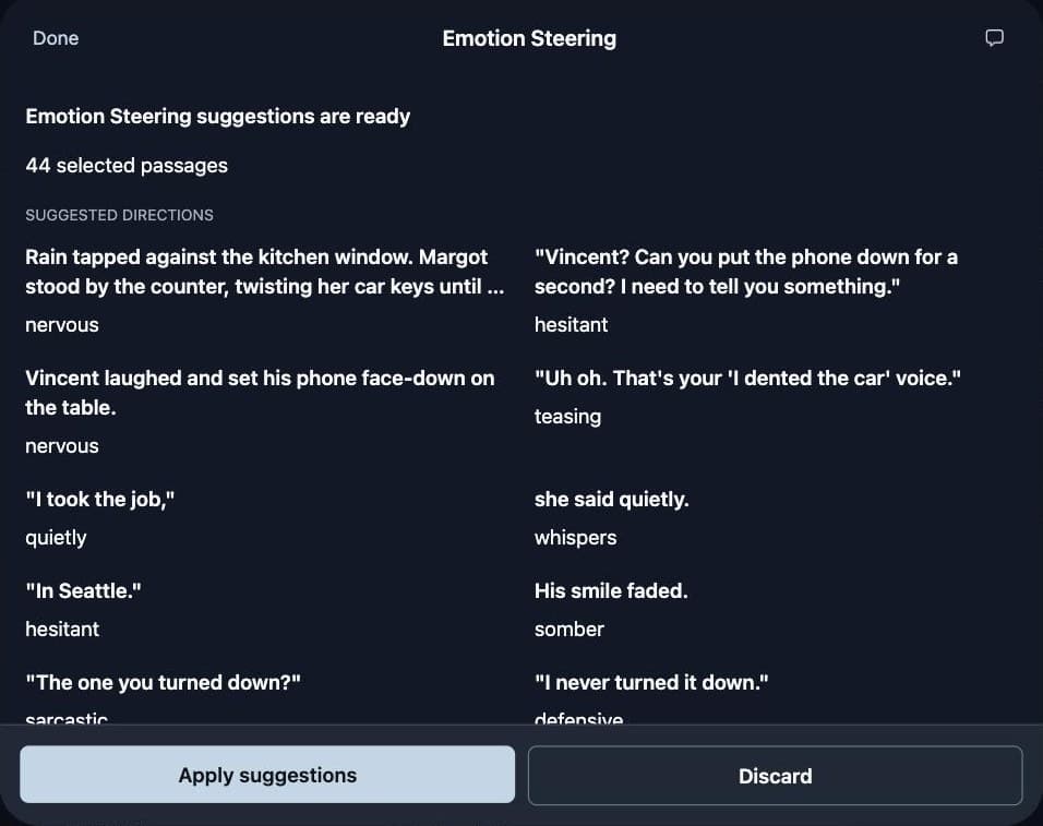 The Emotion Steering review in LyricWinter Studio listing a suggested ElevenLabs v4 tag under each line, such as nervous, hesitant, and playful