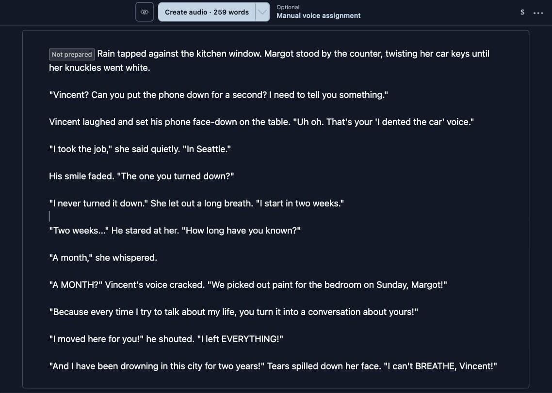 A breakup story pasted into the LyricWinter Studio editor, with a Create audio button showing 259 words