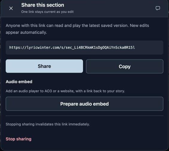 The Share this section dialog in LyricWinter Studio with a listening link and an Audio embed option